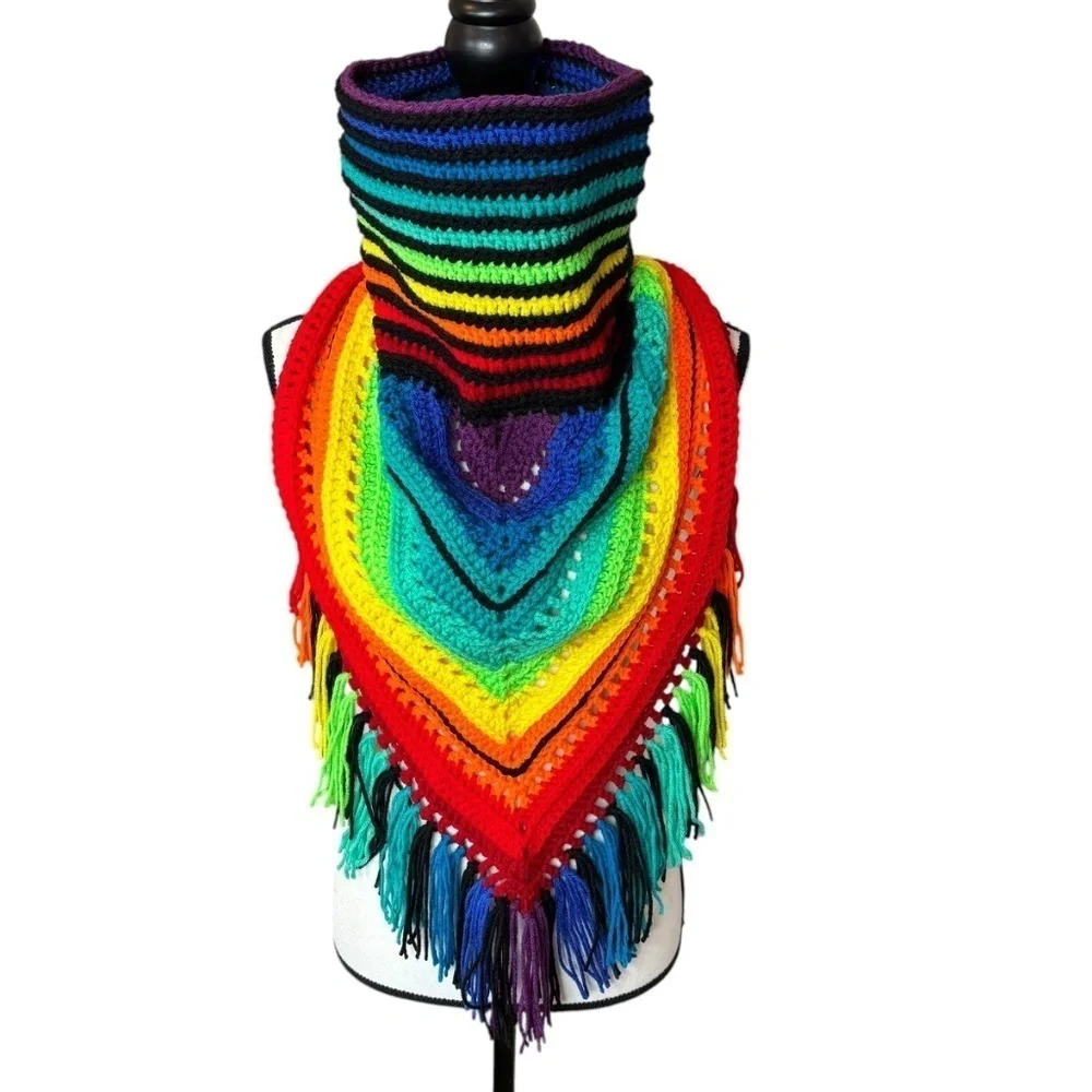 Handcrafted Crochet Cowl Neck Scarf With Fringe Rainbow Colors New Handmade Knit